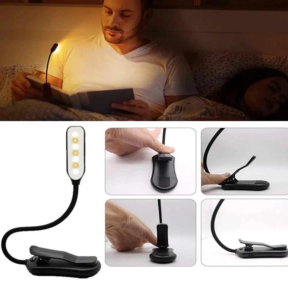 7 LED Book Light - USB Rechargeable, 3-Level Adjustable Clip-on Reading Lamp
