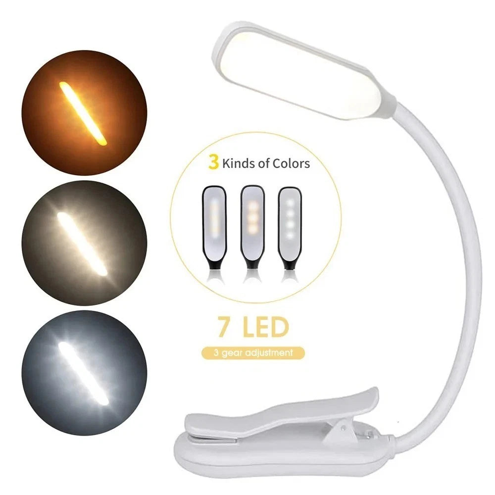 7 LED Book Light - USB Rechargeable, 3-Level Adjustable Clip-on Reading Lamp