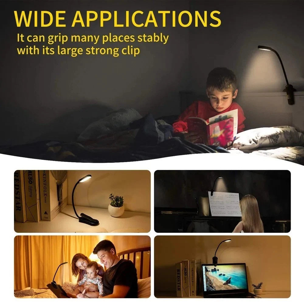 7 LED Book Light - USB Rechargeable, 3-Level Adjustable Clip-on Reading Lamp